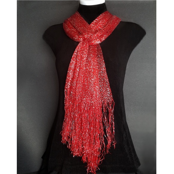 Accessories - NEW Christmas Red Woven Glitter Scarf with Fringe